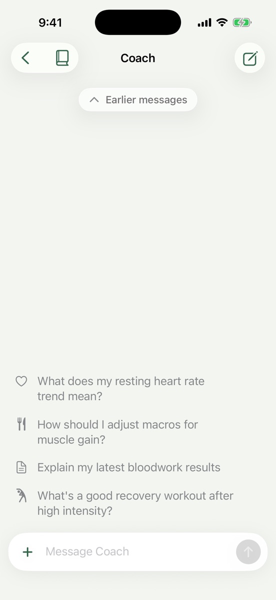 Baseline Coach chat with suggested questions about heart rate, macros and recovery