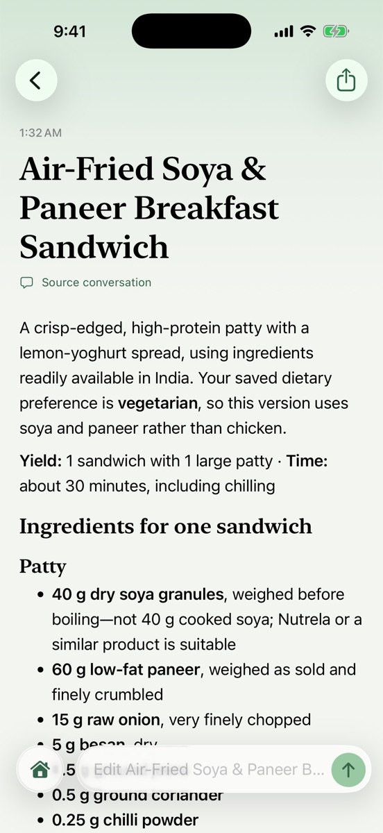 Baseline Journal entry with a high-protein vegetarian breakfast recipe
